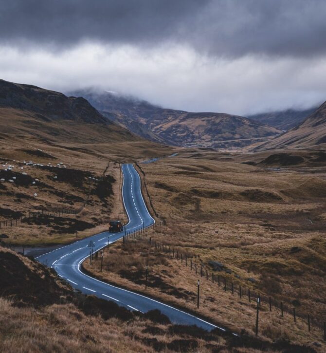 A long road through hills