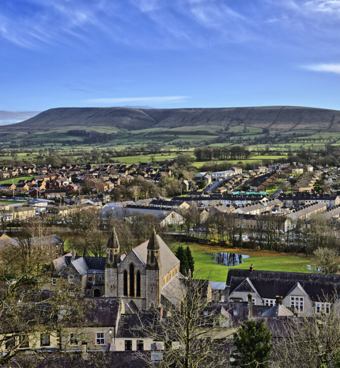 Pendle Hill, viewed across the town of Clitheroe