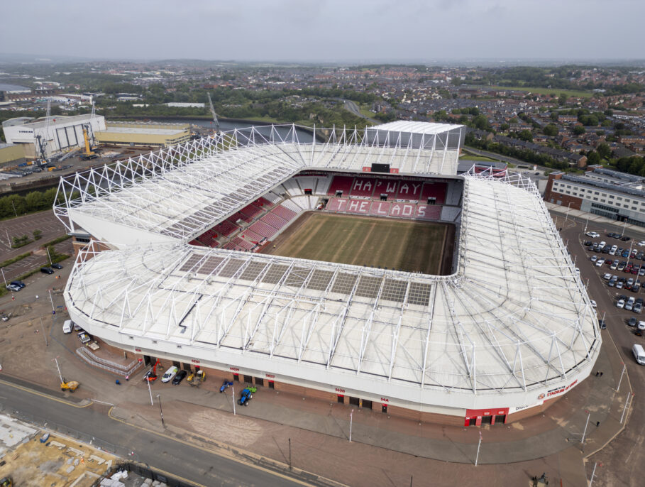 Aerial view of Sunderland Stadium of Light football venue in Tyne and Wear, England
